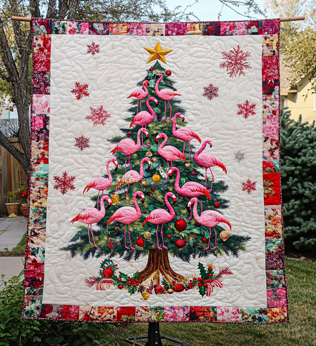 Flamingo Christmas Tree quilted throw – christmas tree decorated with pink flamingos