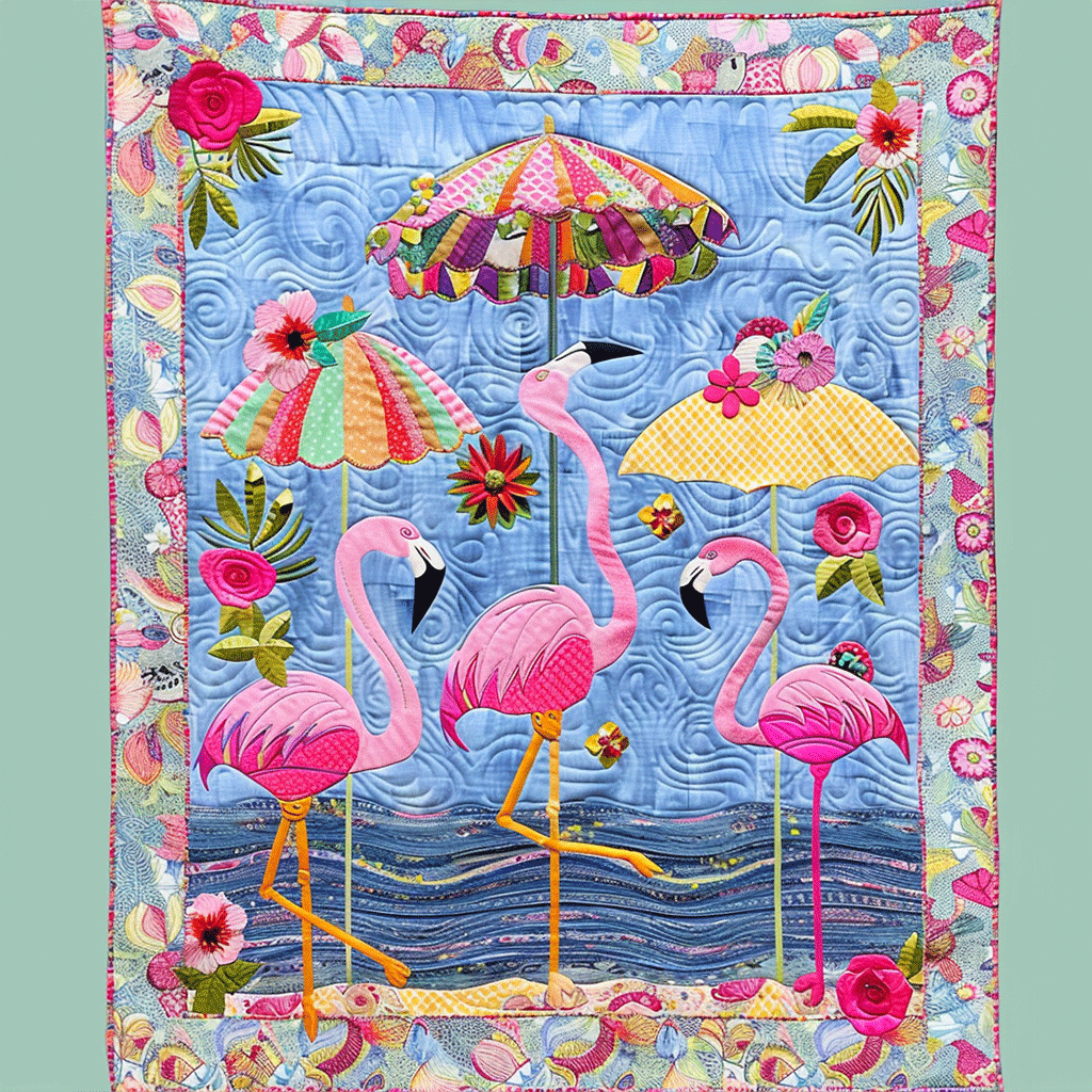 Flamingo Parasols quilted throw – pink flamingos beneath colourful parasols
