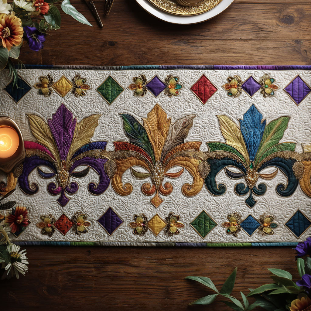 Jewel Fleur-de-Lis quilted table runner – jewel-toned fleurs-de-lis