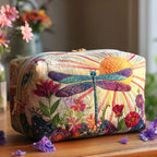 Quilted make-up bag with a Flight of Grace design of Scandinavian folk-art dragonflies drifting above wildflowers