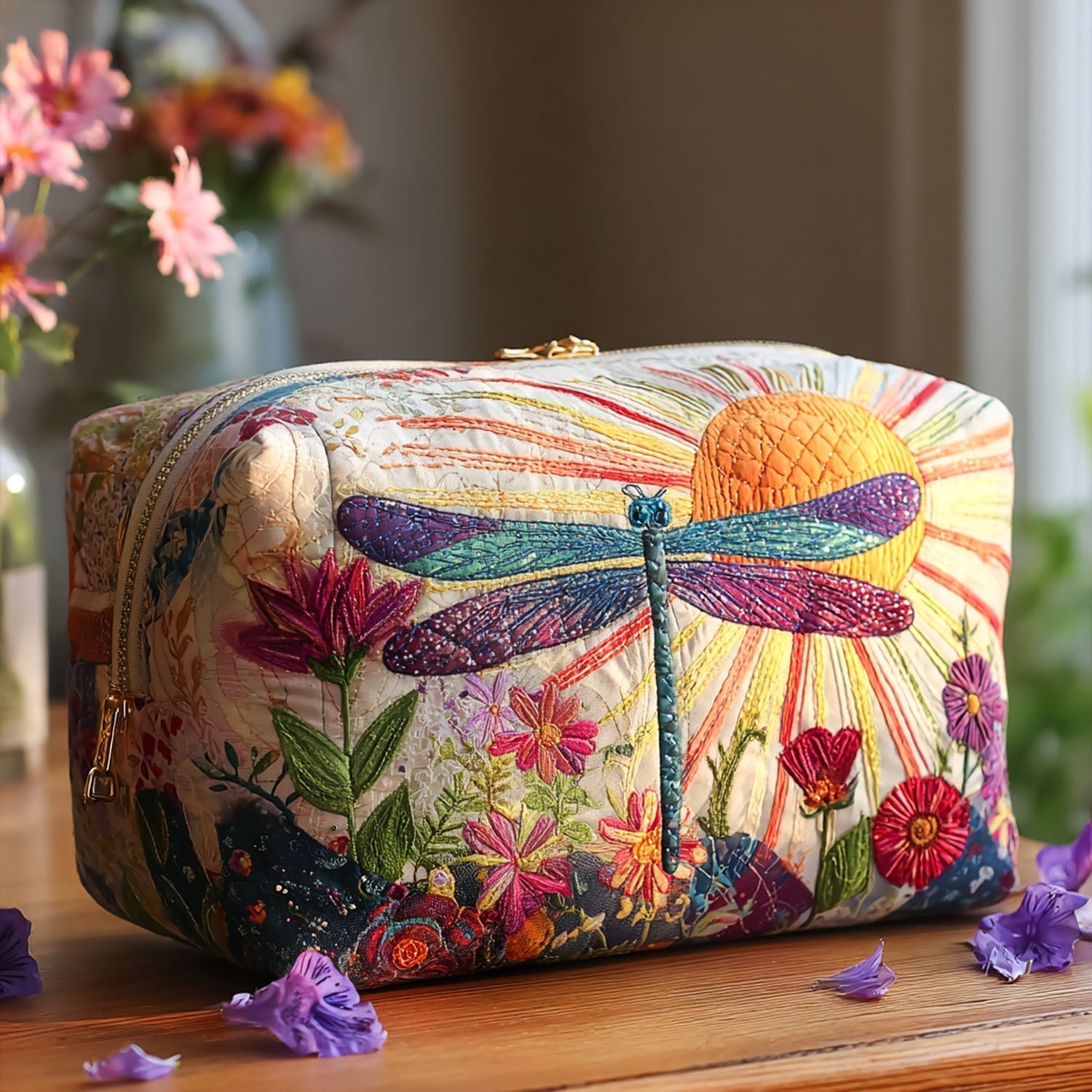 Quilted make-up bag with a Flight of Grace design of Scandinavian folk-art dragonflies drifting above wildflowers
