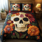 Floral Sugar Skull quilted bedspread set – sugar skull with bright flowers on navy