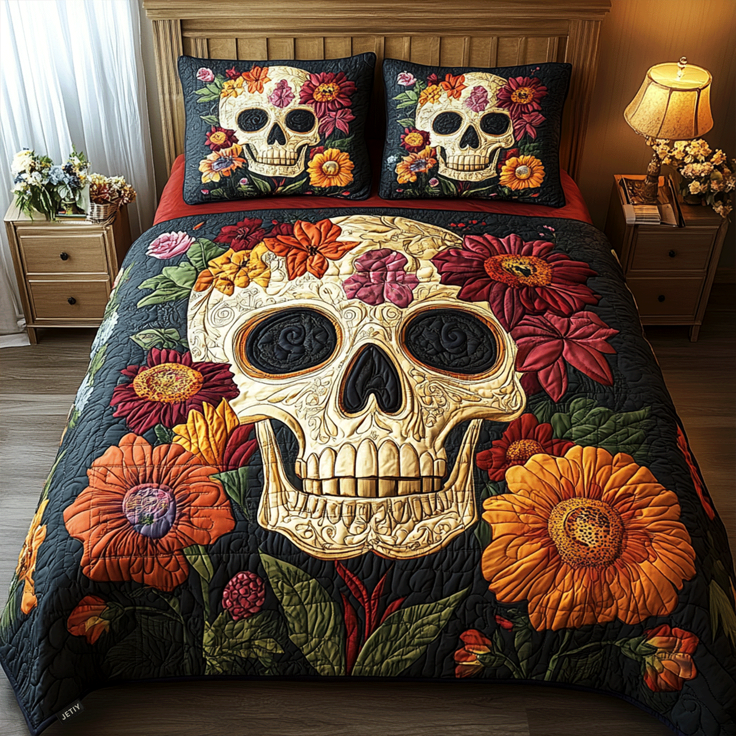 Floral Sugar Skull quilted bedspread set – sugar skull with bright flowers on navy