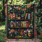 Potting Shed Library woven sofa throw – books and plants framed by flowers