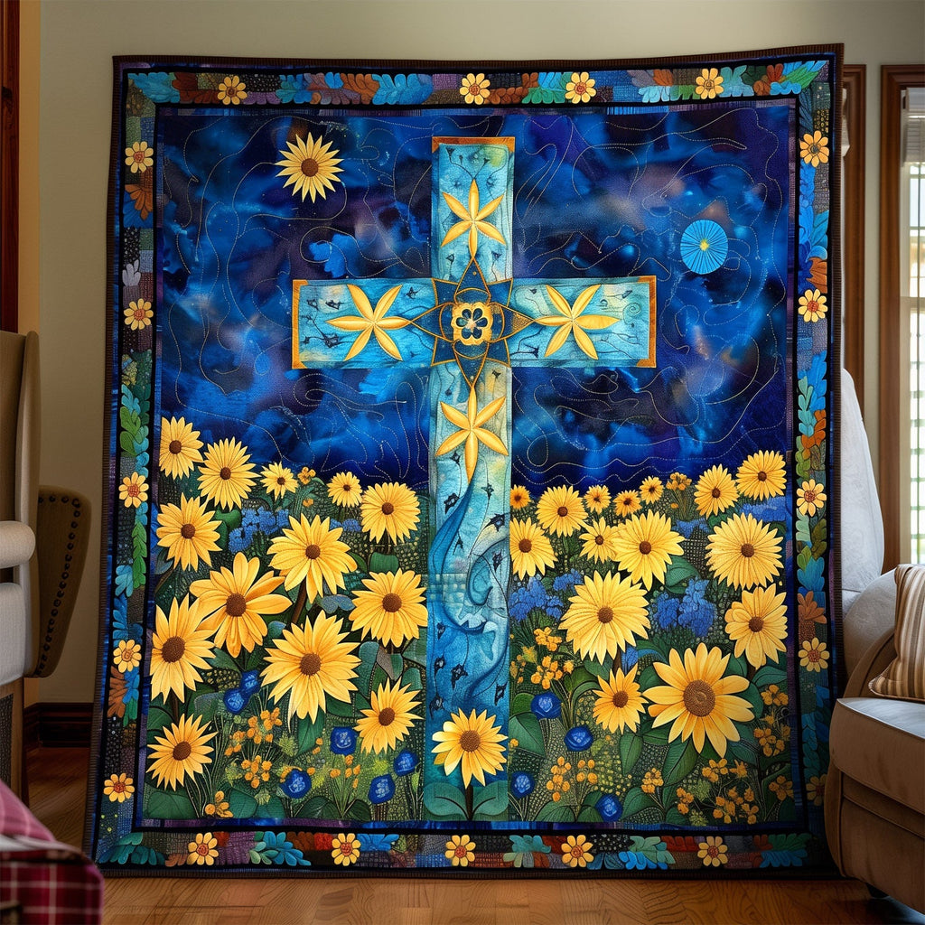 Starlit Cross Sunflowers art quilt – cross over sunflowers