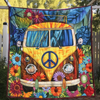 Sunflower Camper Van quilted throw – yellow camper van among bright flowers