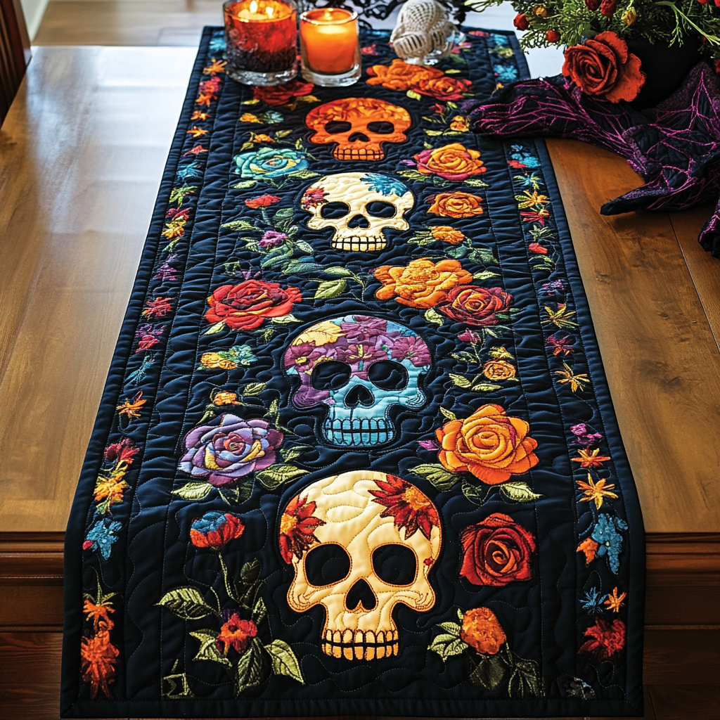 Sugar Skull Roses quilted table runner – sugar skulls among roses