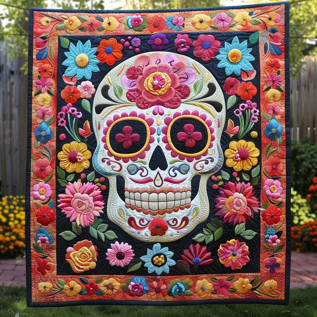 Pink Sugar Skull quilted throw – sugar skull with pink flowers and floral border