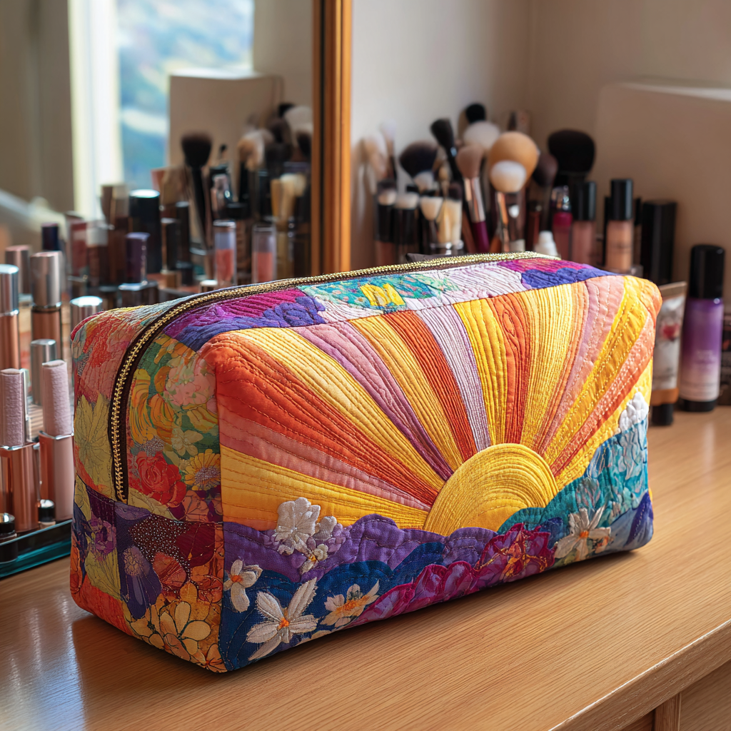 Floral Dawn quilted make-up bag with rising sun with bold rays over a band of garden flowers