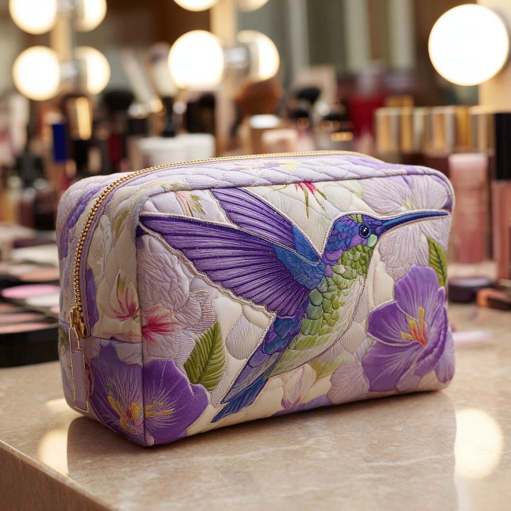 Floral Flight quilted make-up bag with lilac hummingbird among purple flowers on soft lavender