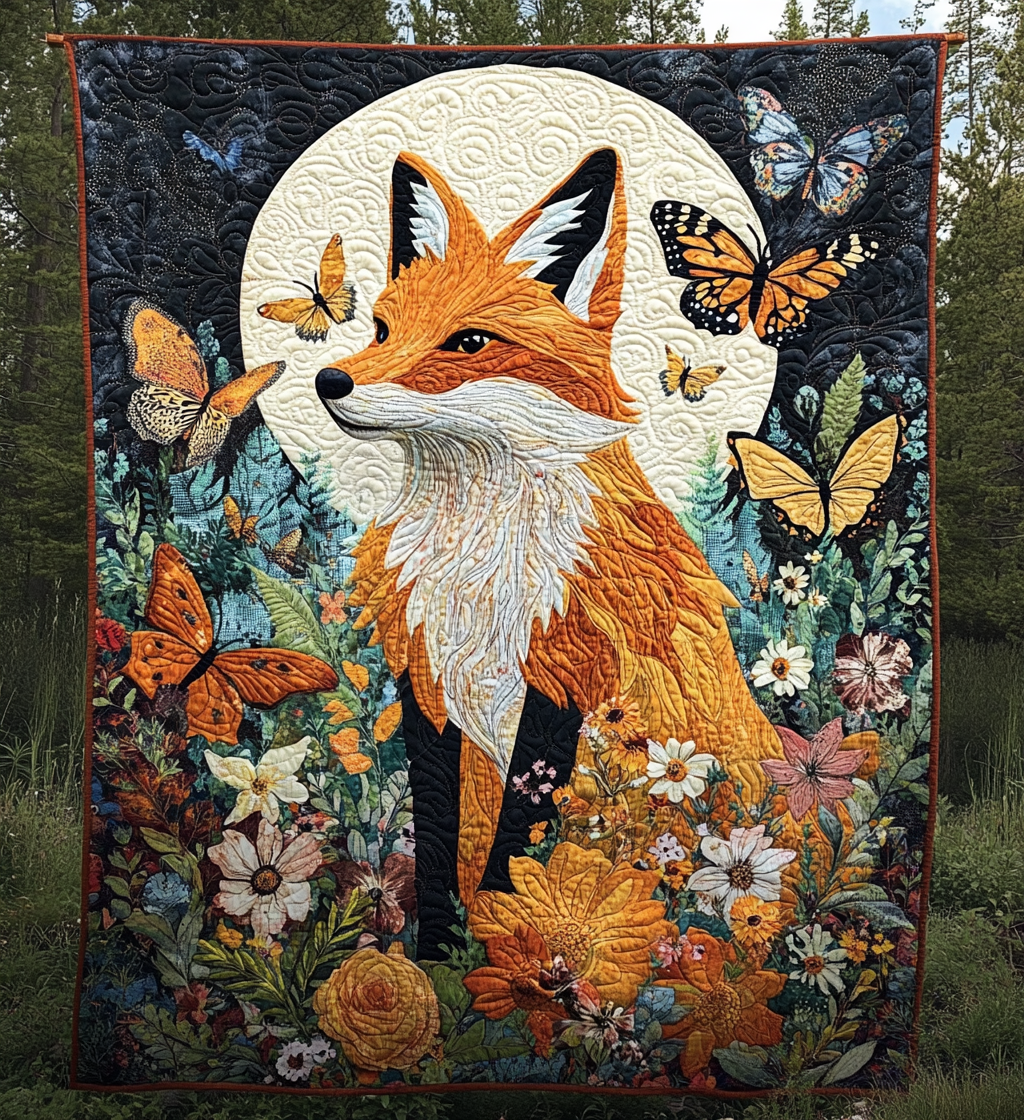 Fox and Butterflies quilted throw – red fox among flowers and butterflies