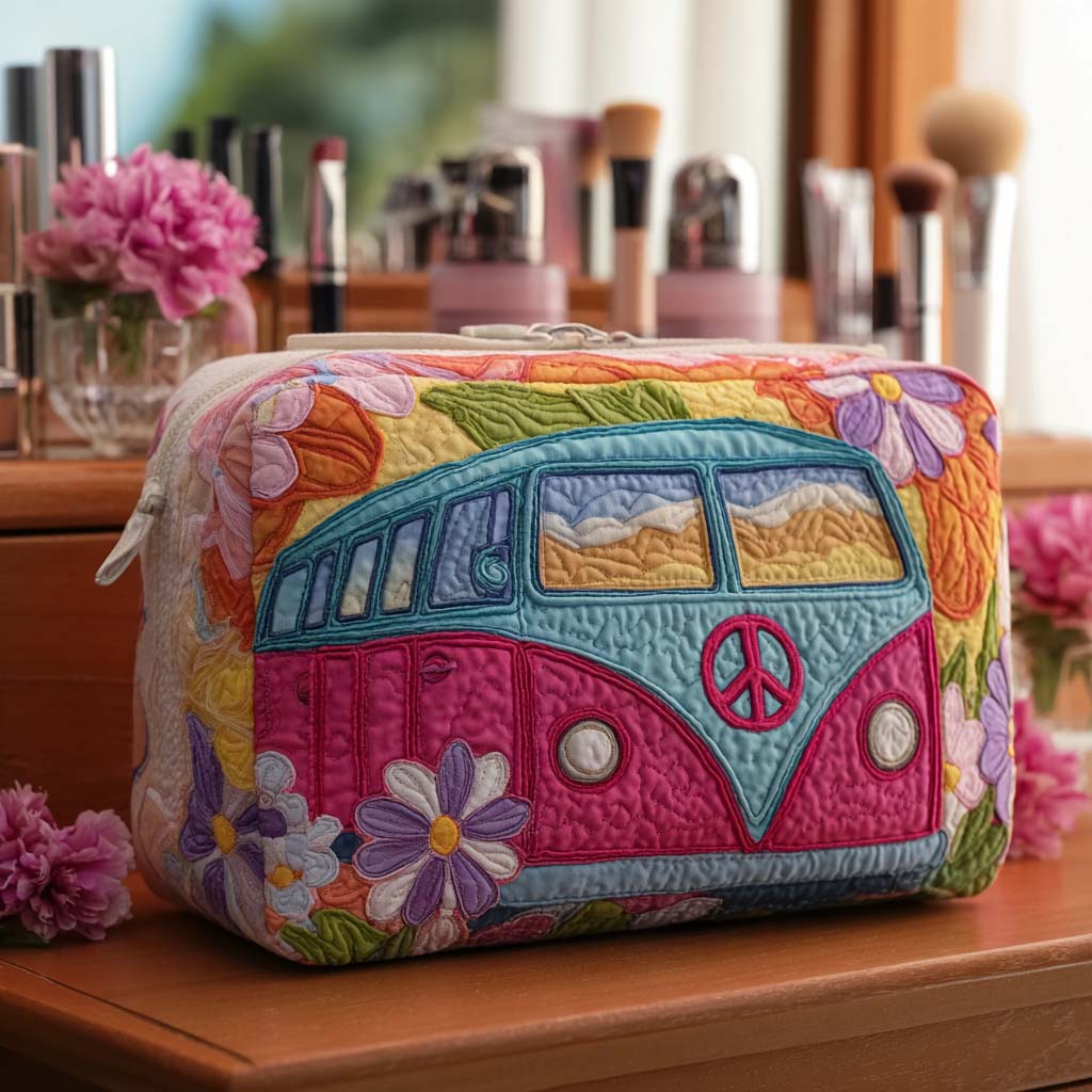 Quilted make-up bag with a Floral Freedom Van design showing a flower-covered camper van amongst large retro daisies