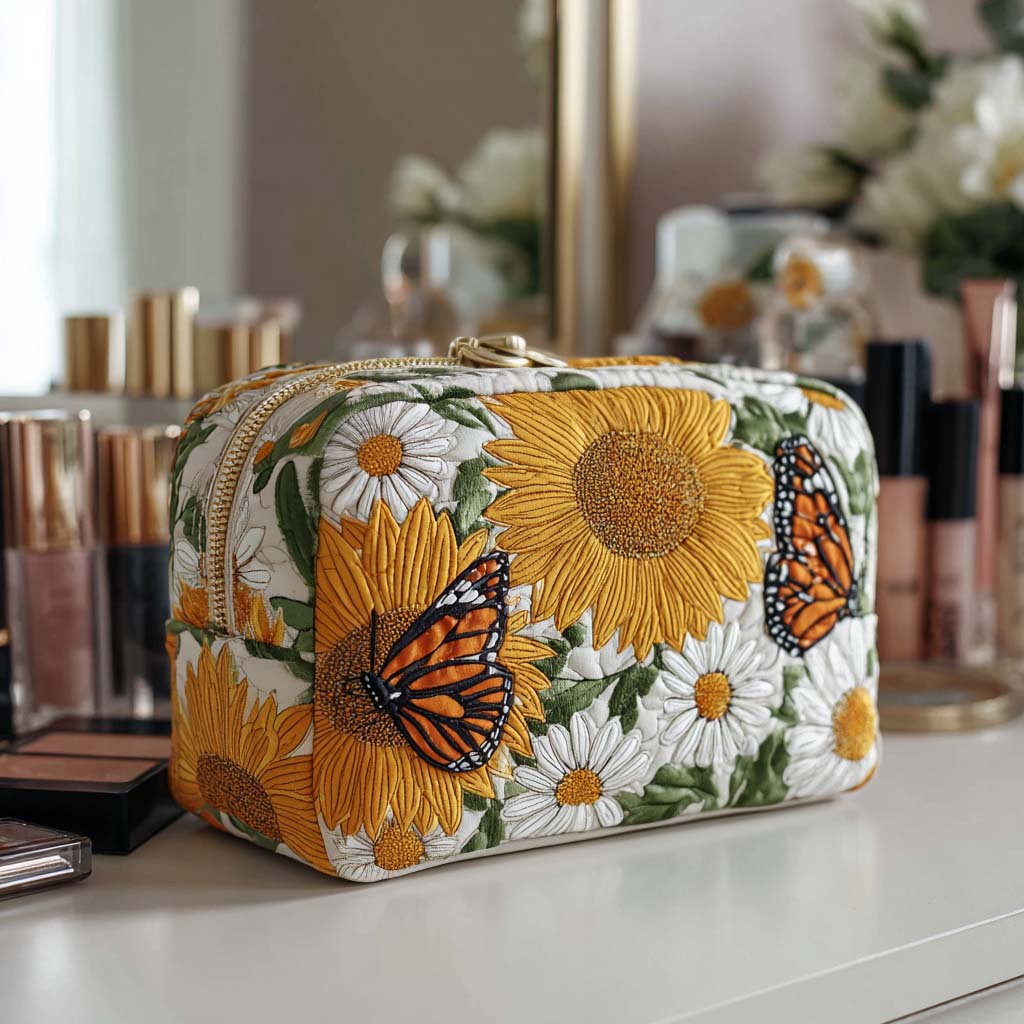 Quilted make-up bag with a Floral Glow design of golden sunflowers with warm petals against deep green leaves