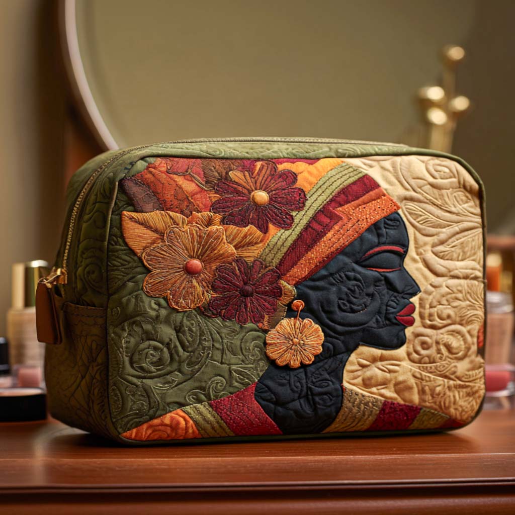 Floral Grace quilted make-up bag with profile portrait in a patterned head wrap with autumn flowers on olive