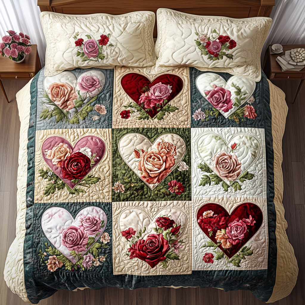 Rose Hearts Patchwork quilted bedspread set – rose-filled hearts in cream and navy squares