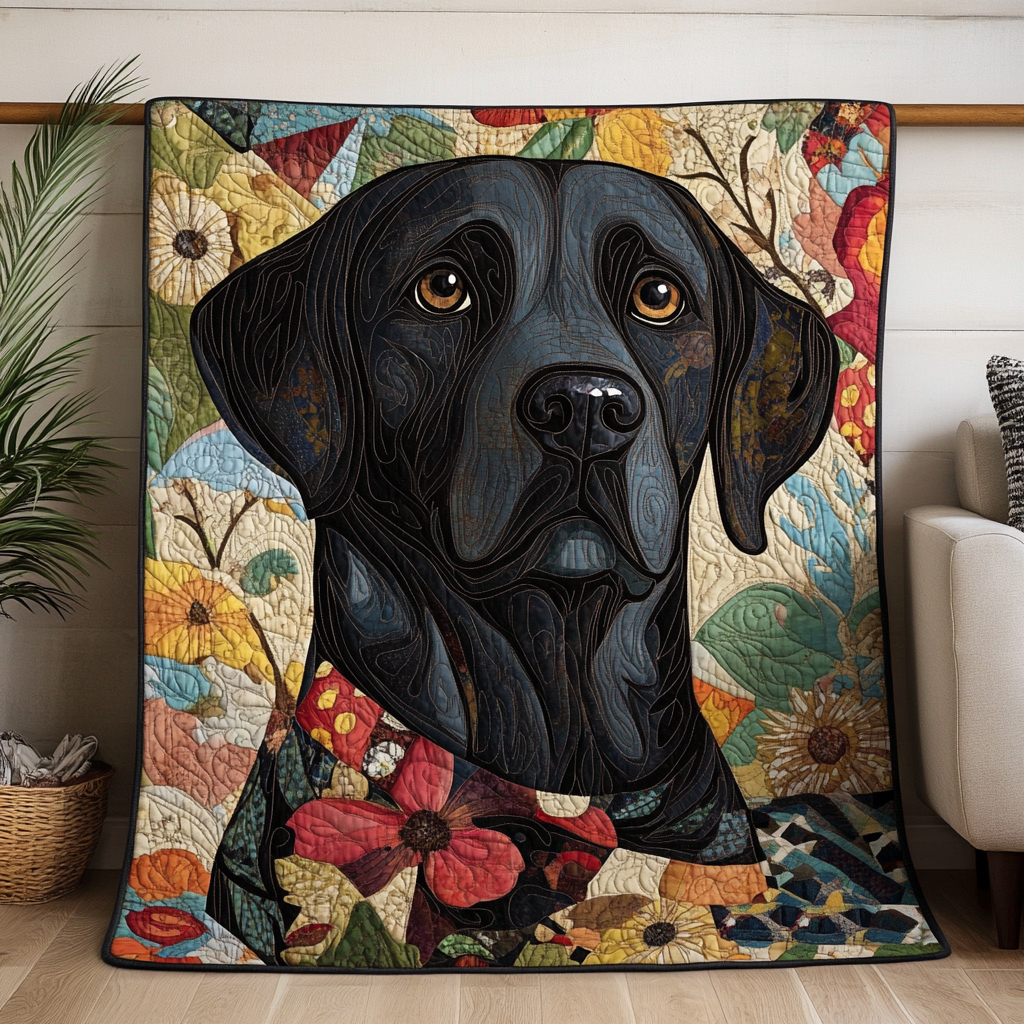 Labrador in Flowers quilted throw – black Labrador with a flower collar