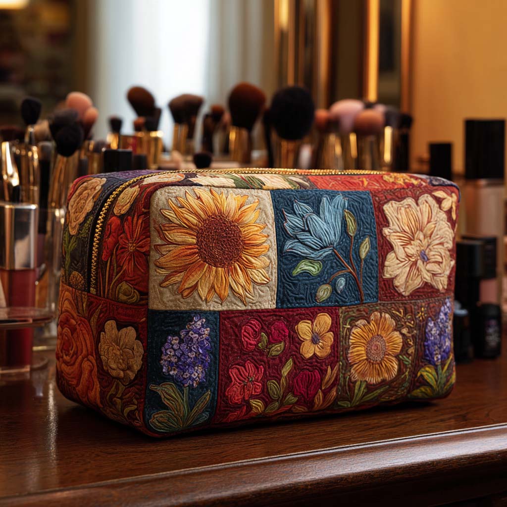 Quilted make-up bag with a Floral Patch design of small flowers set in neat patchwork squares of different colours