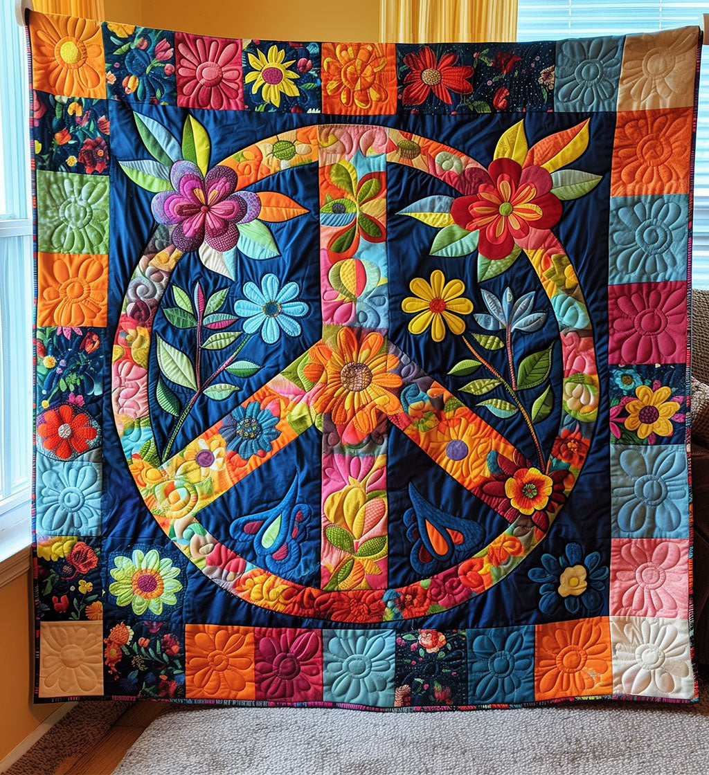Floral Peace Sign quilted throw – flower-filled peace sign on navy