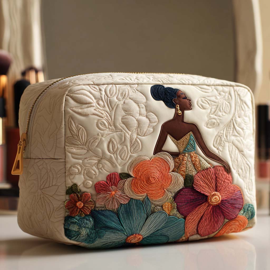 Floral Queen quilted make-up bag with graceful woman seated among bright blooms on ivory quilting