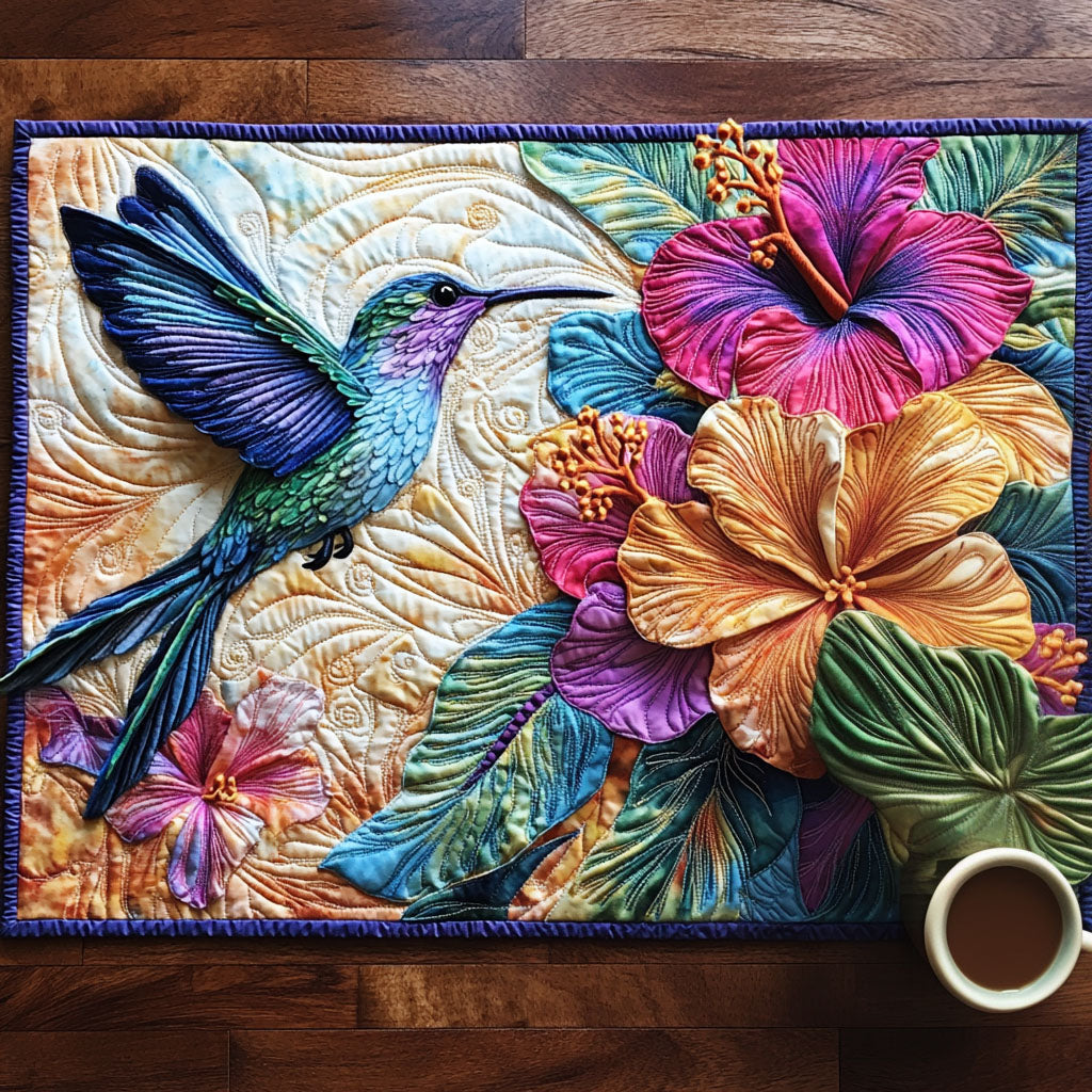 Hummingbird Serenade quilted placemats – hummingbird and hibiscus