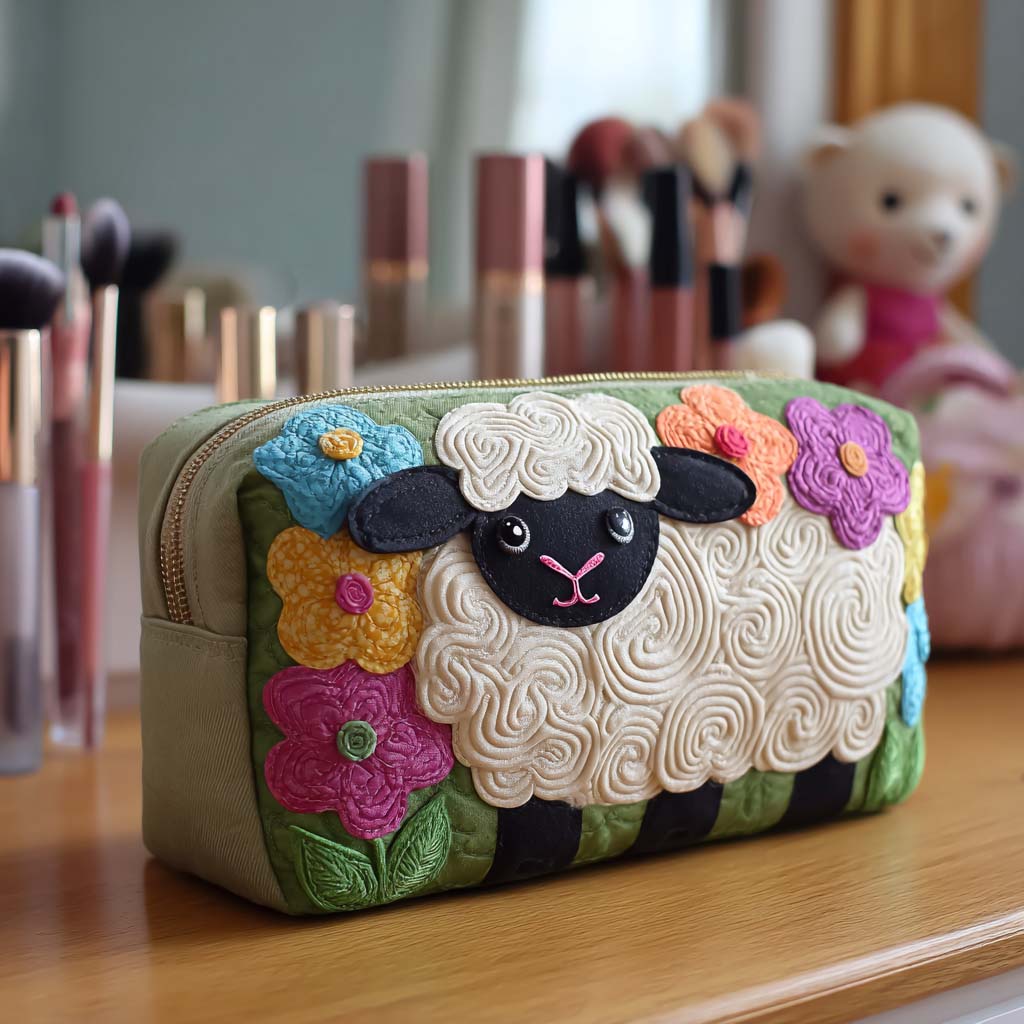 Floral Sheep quilted make-up bag with woolly sheep surrounded by colourful flowers