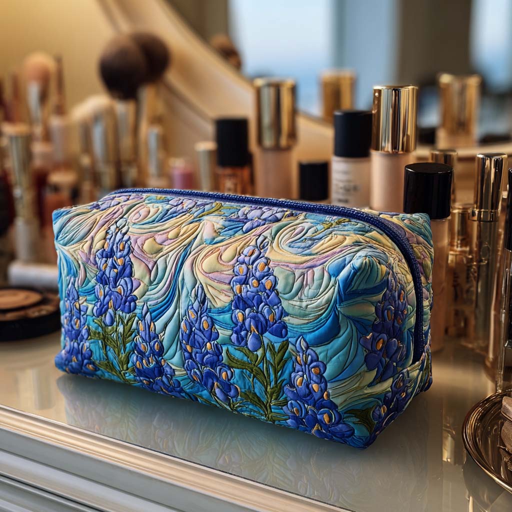 Quilted make-up bag with a Floral Swirl design of bluebells swirling in soft indigo and violet