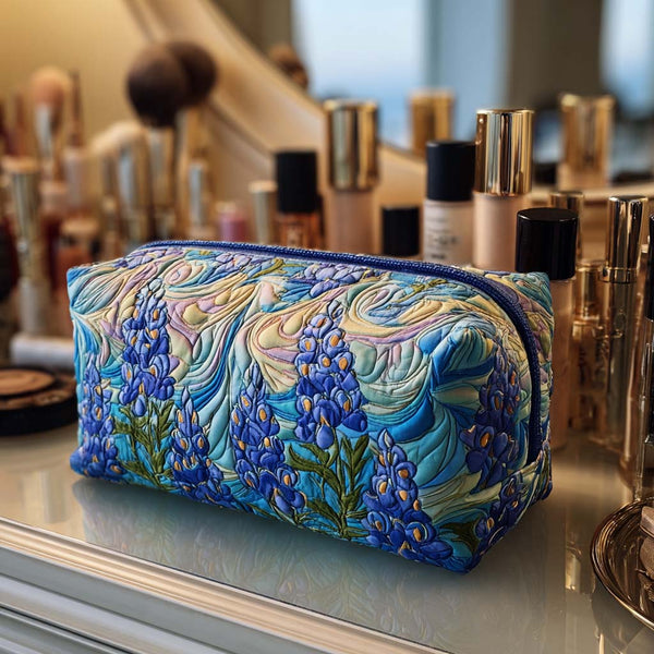 Quilted make-up bag with a Floral Swirl design of bluebells swirling in soft indigo and violet