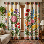 Garden Tulips and Iris quilted curtains – tulips, iris and roses on cream
