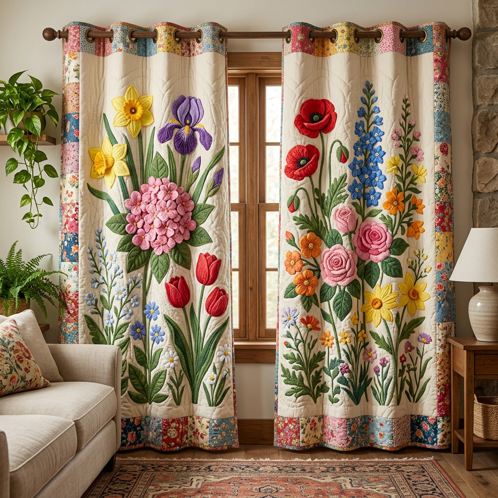 Garden Tulips and Iris quilted curtains – tulips, iris and roses on cream