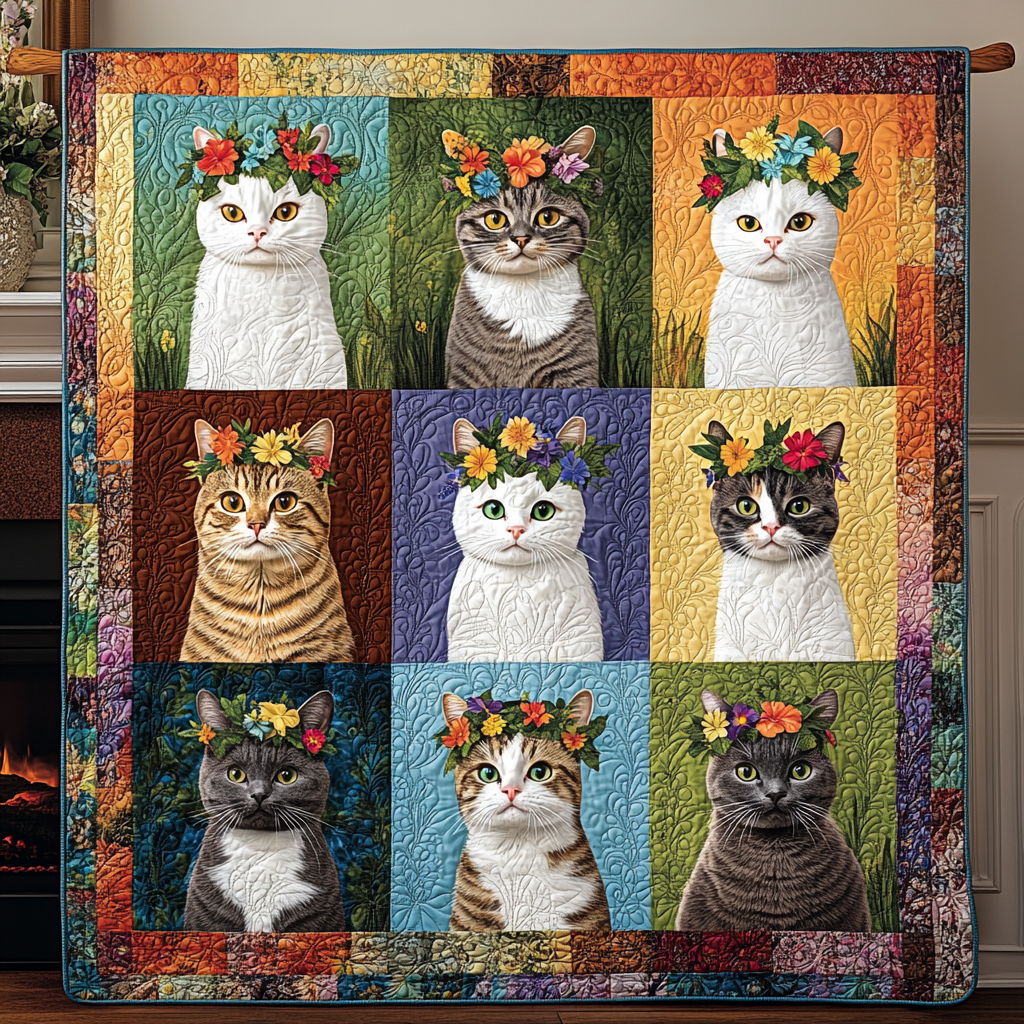 Cats in Flower Crowns quilted throw – cats in flower crowns in colourful squares