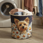 Quilted laundry basket with a Yorkshire terrier among roses and garden flowers in the Floral Yorkshire Terrier design