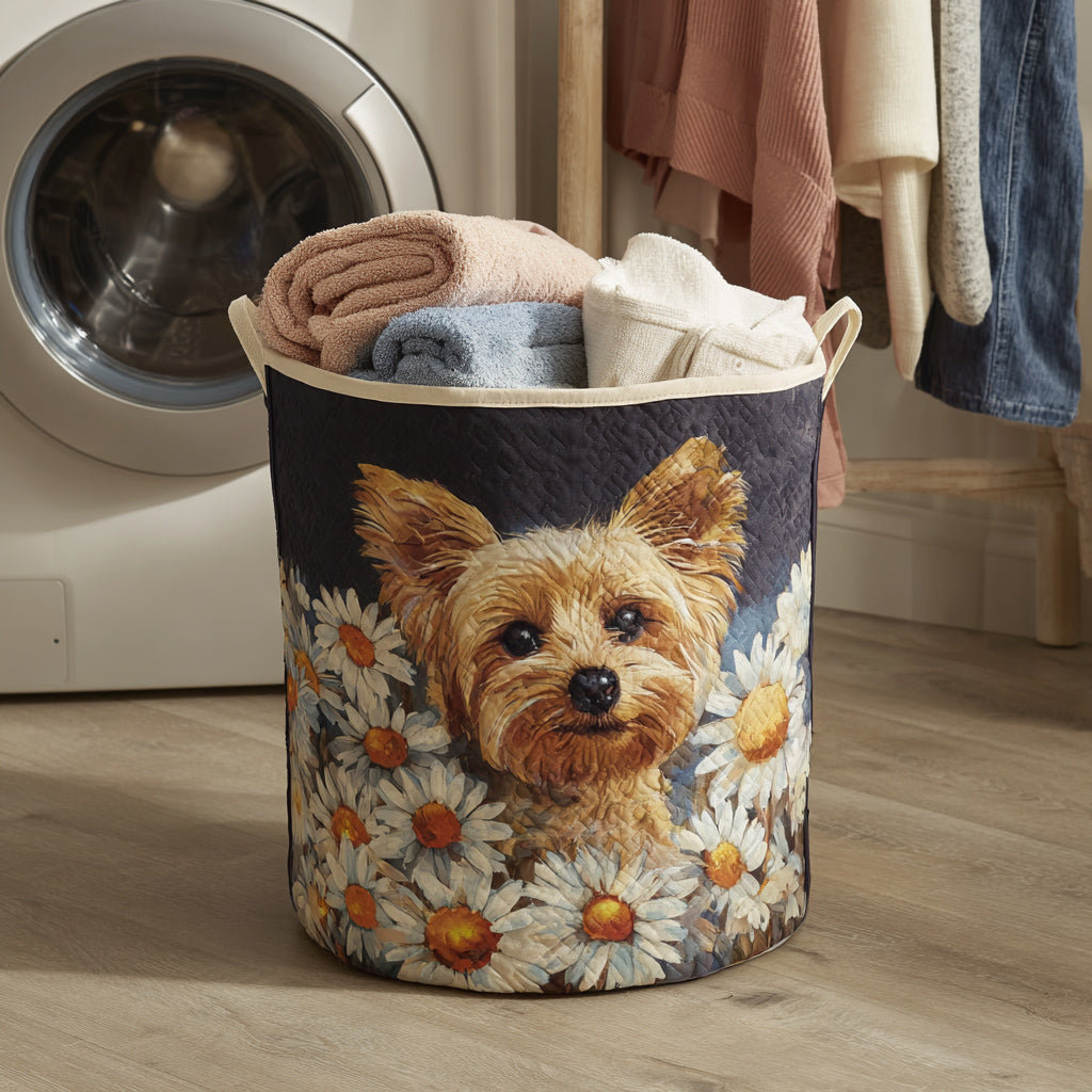 Quilted laundry basket with a Yorkshire terrier among roses and garden flowers in the Floral Yorkshire Terrier design
