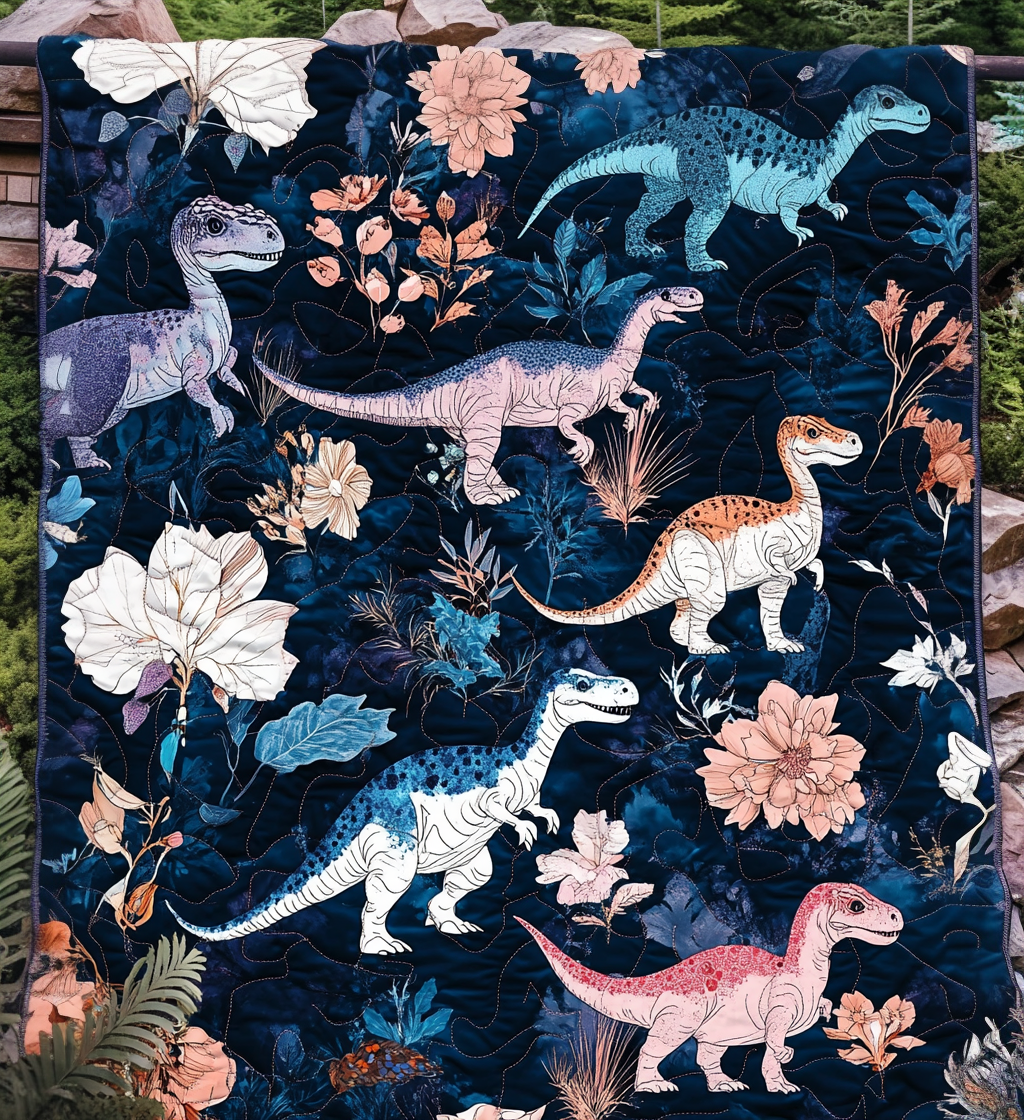 Floral Dinosaurs art quilt – dinosaurs and flowers