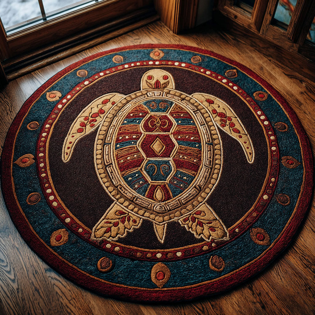 Flow of Wisdom round rug – jewelled turtle medallion