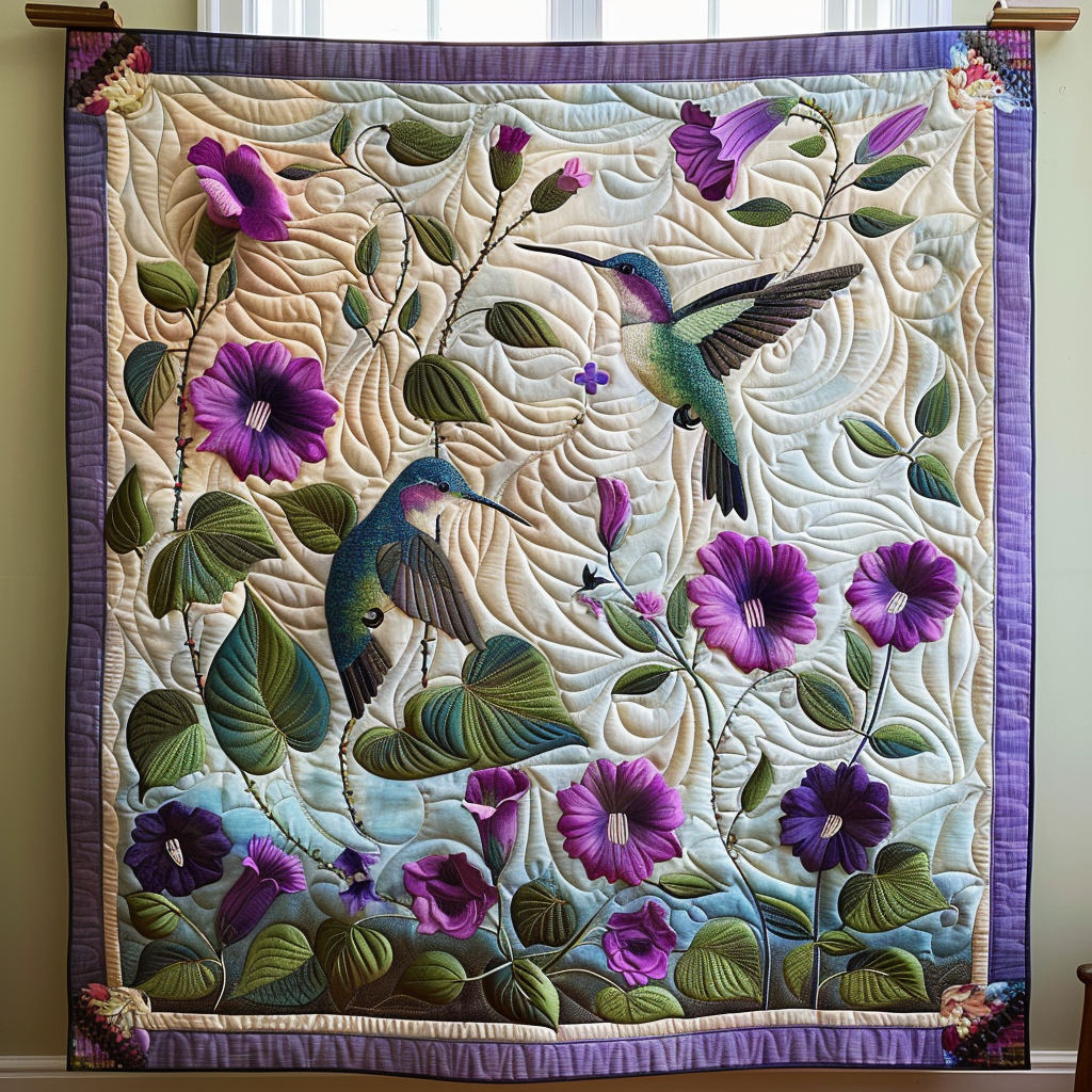 Hummingbirds and Morning Glory quilted throw – hummingbirds among purple morning glory