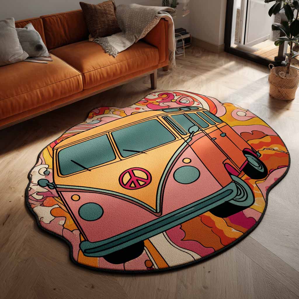 Flower Drive shaped rug – pink camper van