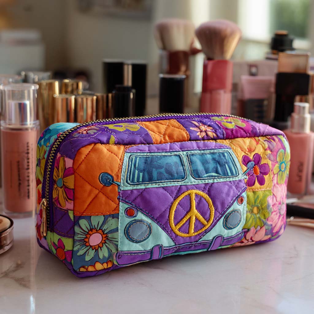 Flower Power Van quilted make-up bag with blue camper van with a peace sign on bright patchwork