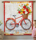 Red Bicycle Bouquet art quilt – red bicycle with flowers