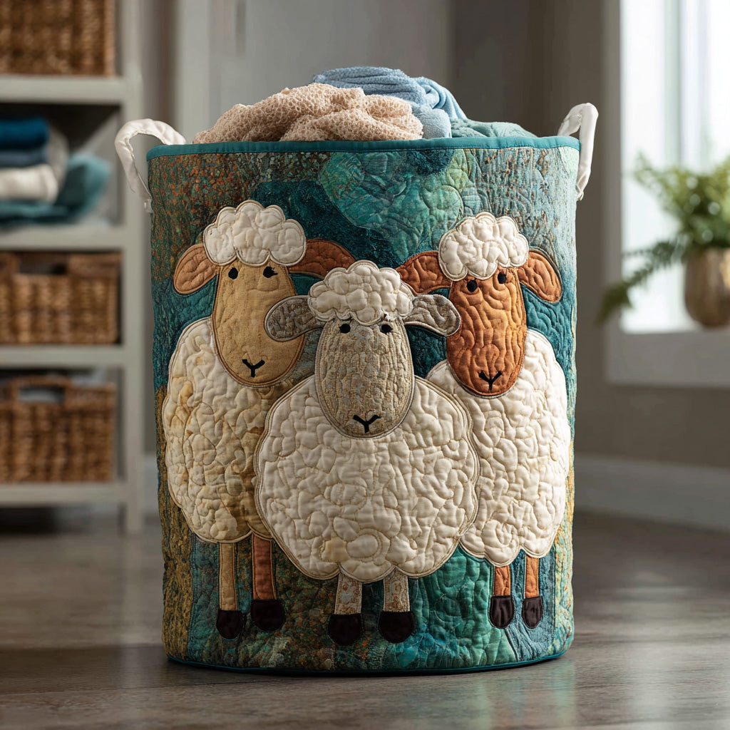 Quilted laundry basket with three woolly sheep on a soft teal ground