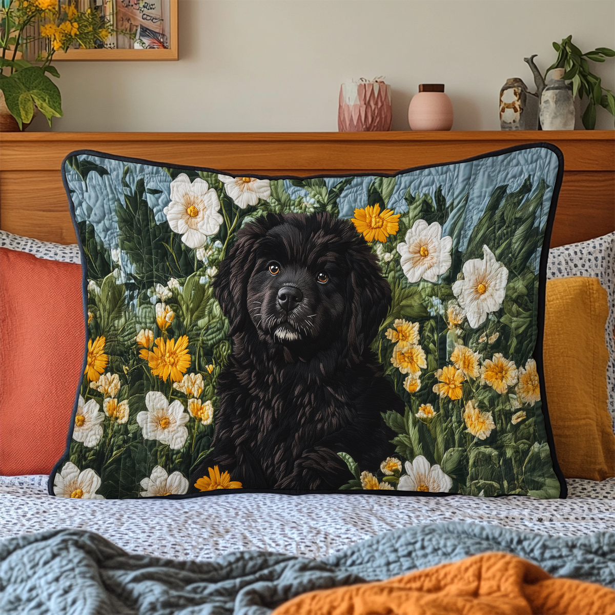 Black Dog in the Flowers quilted pillowcase – fluffy black dog among white flowers