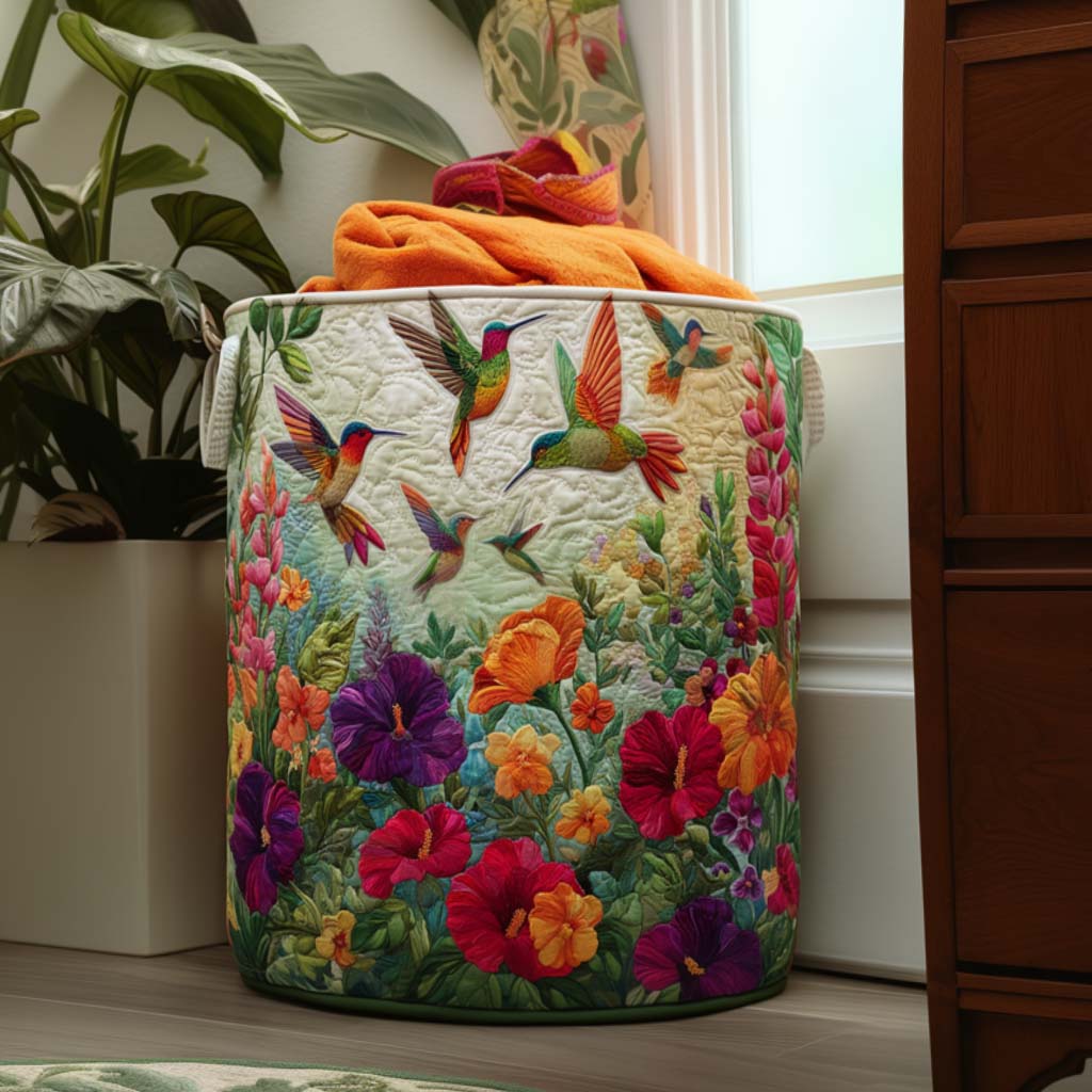 Quilted laundry basket with hummingbirds over bright garden flowers