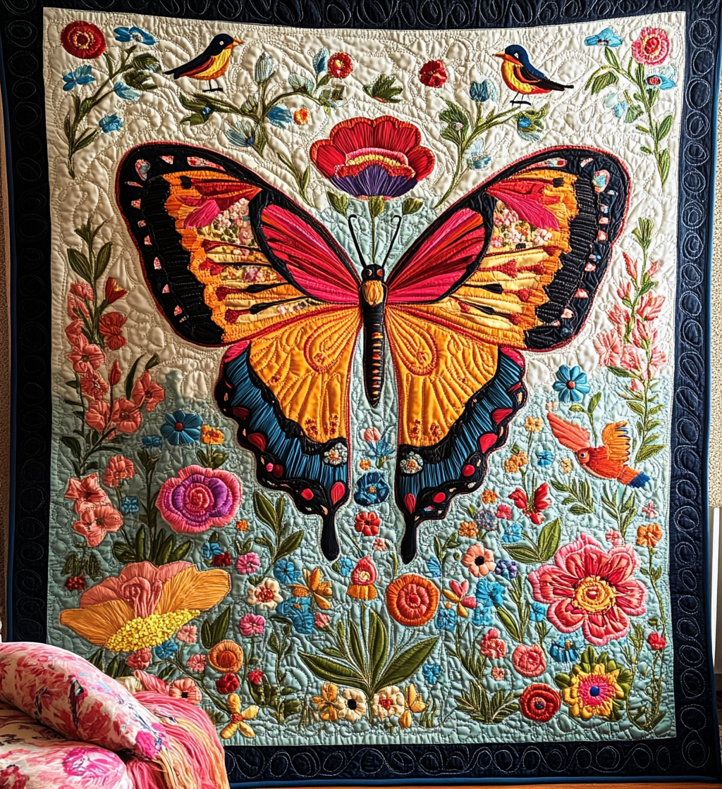 Folk Butterfly Garden art quilt – folk butterfly
