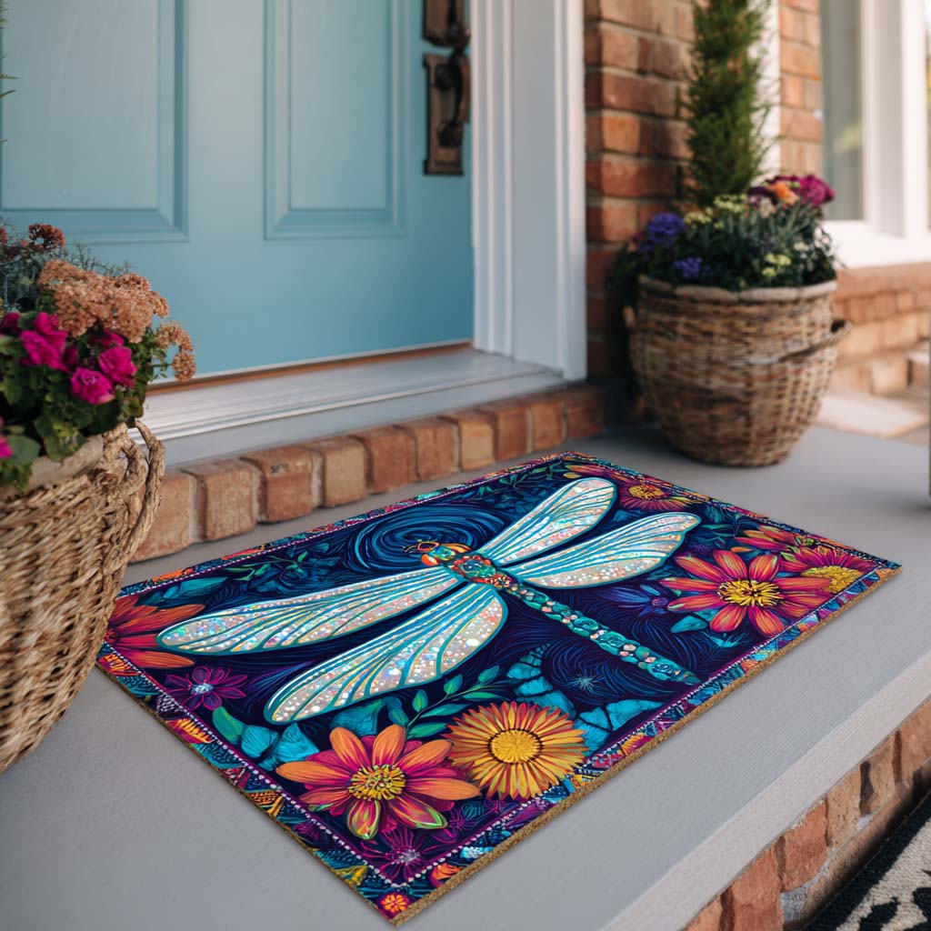 Flutterlight Dragonfly doormat – dragonfly and flowers
