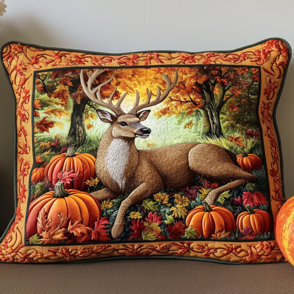 Stag and Pumpkins quilted pillowcase – stag resting among pumpkins