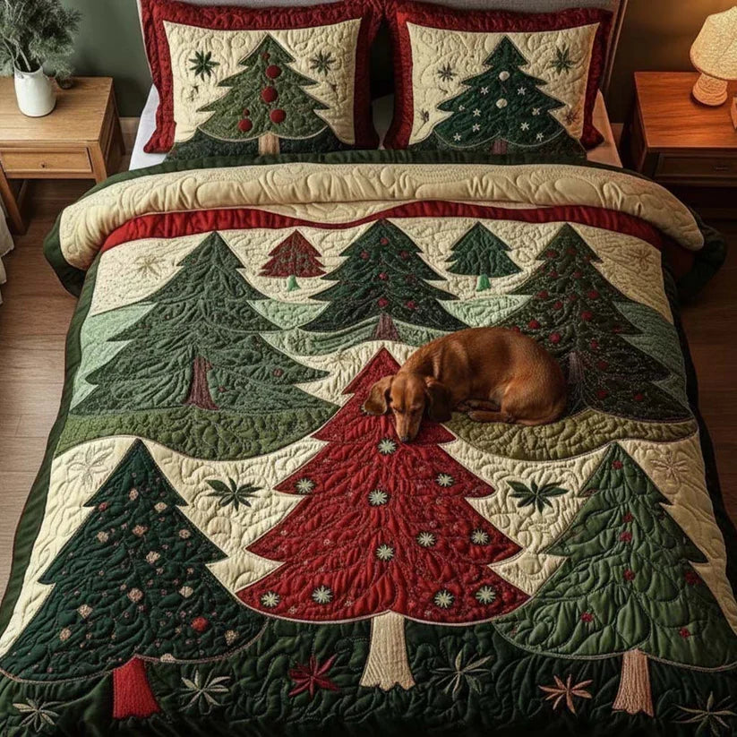 The Enchanted Forest quilted bedspread set laid out on a made bed