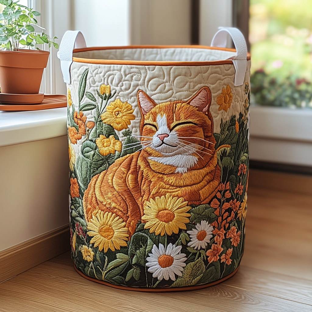 Quilted laundry basket with a Forest Cat design of a cat sitting among ferns, tall pines and toadstools in deep greens, with wave stitching and carry handles