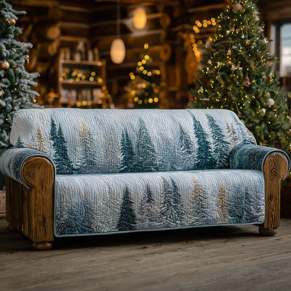 Frosted Pines quilted sofa cover with snow-laden pine trees in soft blue-grey and white on a pale winter sky