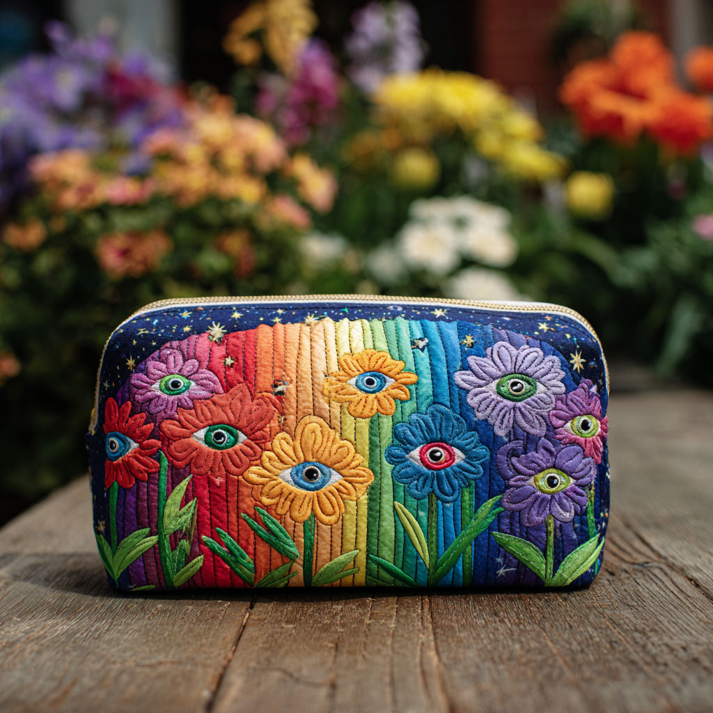 Quilted make-up bag with a Forest Groove design of toadstools, curling ferns and seventies flowers in mossy green and burnt orange