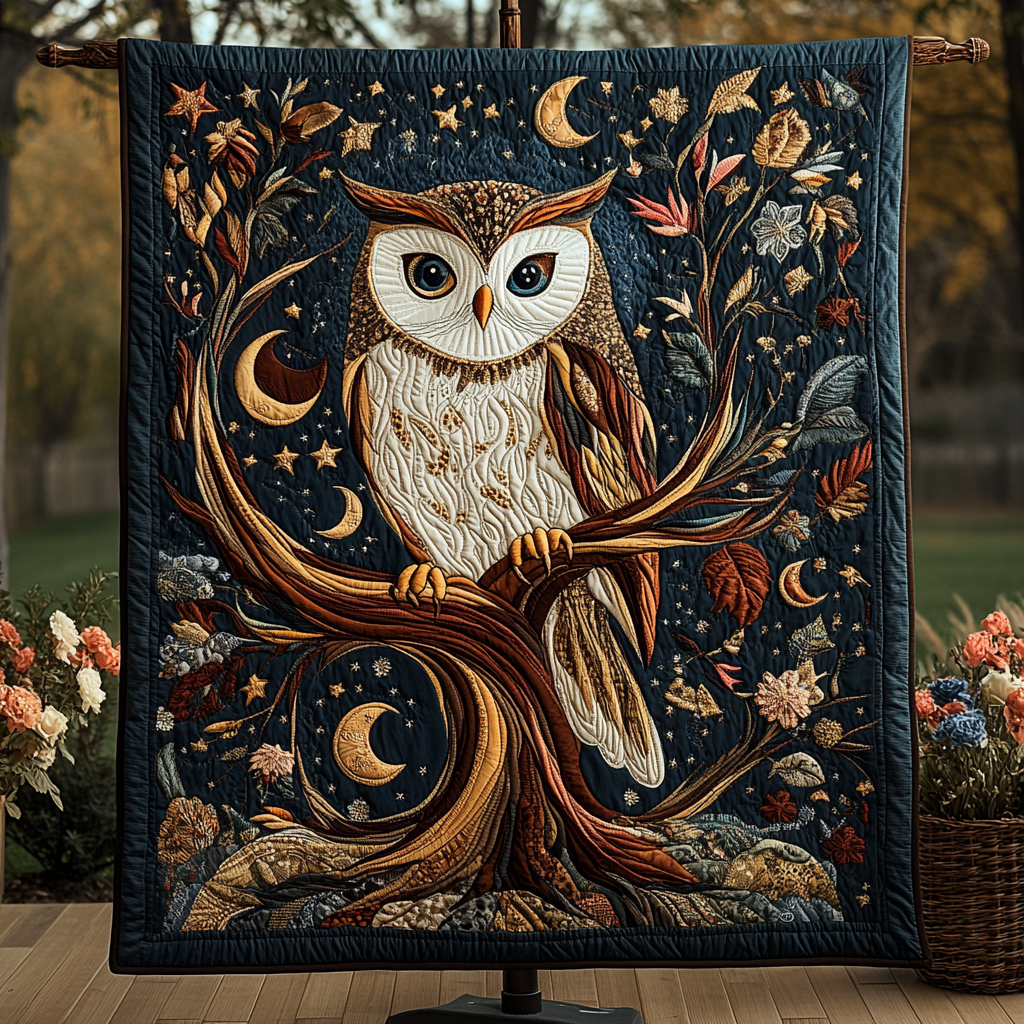 Moon Owl quilted throw – white owl on a branch beneath crescent moons
