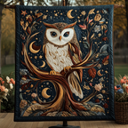 Moon Owl quilted throw – white owl on a branch beneath crescent moons